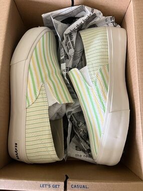 SeaVees Striped Slip-Ons in Pastel Green & Yellow